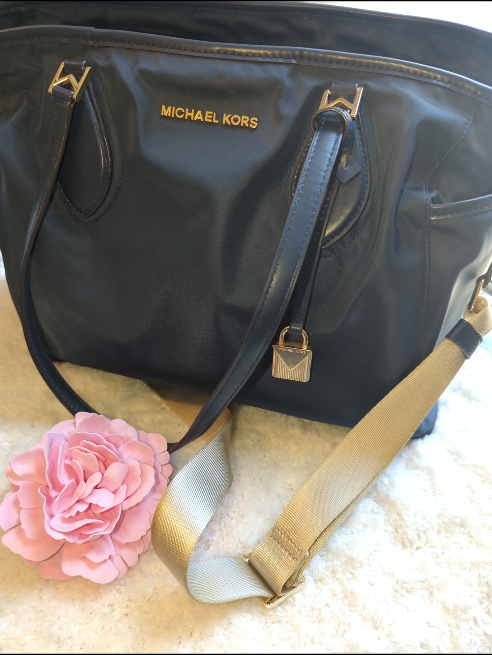 Michael Kors Navy Leather And Nylon Large Baby Bag Travel Bag Gold Hardware